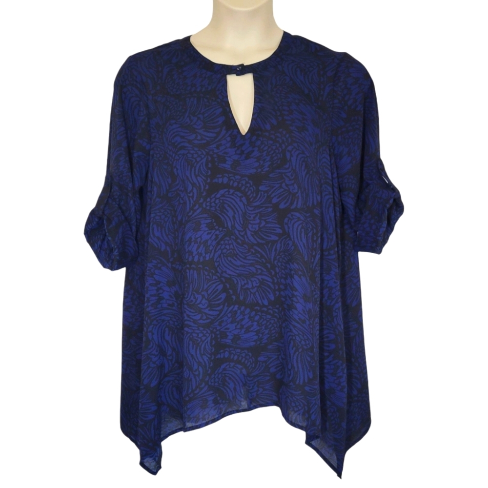 Torrid Black Blue Print Shark Bite Hem Blouse Size 00